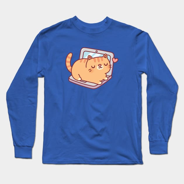 Cute Chubby Tabby Cat Resting On Laptop Long Sleeve T-Shirt by rustydoodle